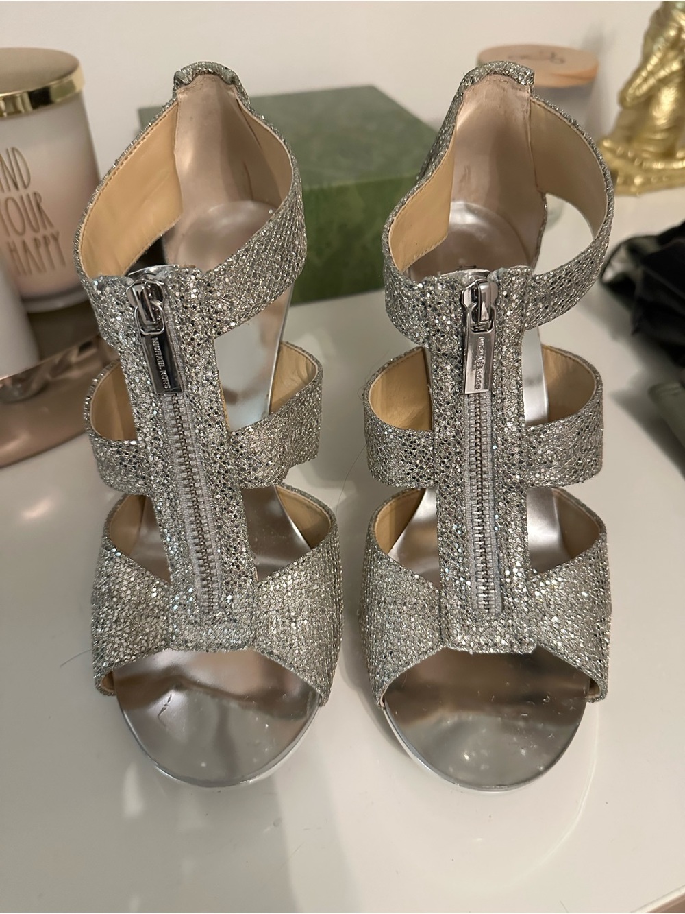 MICHAEL Michael Kors Silver Glitter Zip-Strap Open-Toe Heels